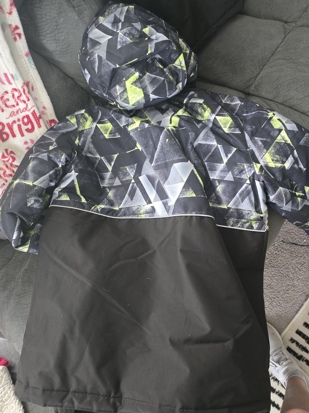The Children's Place Black Hooded Puffer Coat with Neon Green Geometric Print